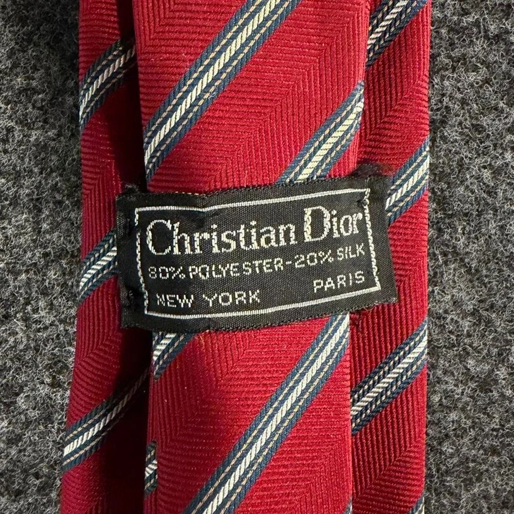 Christian Dior Mens Red Silk Blend Diagonal Striped Necktie Blue White Vintage